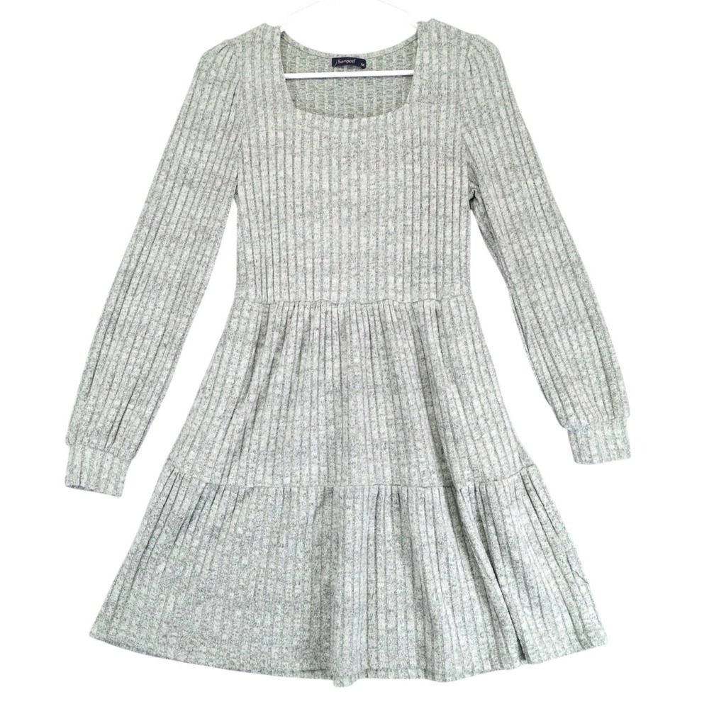 Sampeel Sage Green Sweater Dress Sz M Knee-Length Stretch Rib Soft Cozy Cottage
